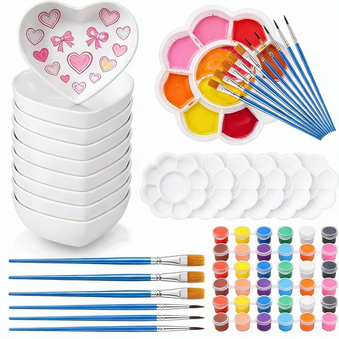 Potchen 12 Set Valentine's Day Heart Shaped Plate Party Set Ceramics to Paint Your Own Heart Plates with Brush Palette DIY Unpainted Paintable Kit for Wedding Valentines Galentines Party Favor