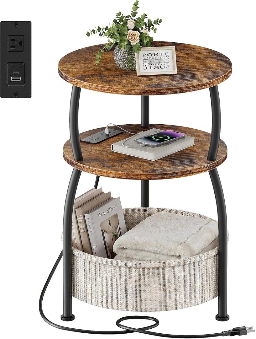 Round Side Table with Charging Station, USB Type C Port, Brown, 15.75" Dia with Power Strip