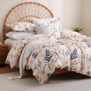 JSD Blush Floral Duvet Cover Set Queen Size, 3 Piece Boho Ferns Printed Microfiber Comforter Covers Zipper Closure