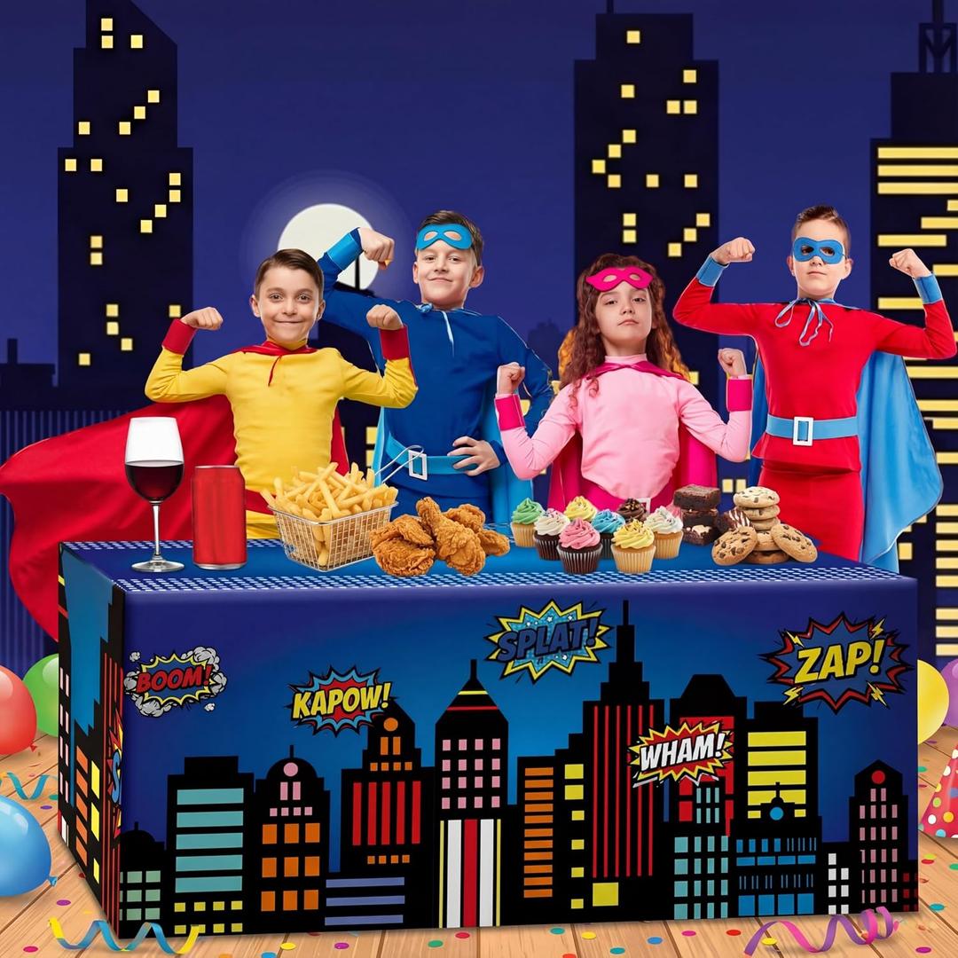 Oudain 6 ft Hero Theme Tablecloth Hero Party Decoration Cityscape Tablecloth 72 x 30 Inches Washable Fabric Polyester Rectangle Table Cover Birthday Party Supplies