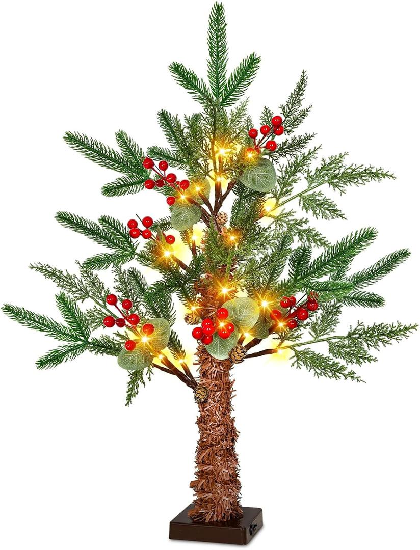 24" /2FT Tabletop Christmas Tree with Lights Timer, USB or Battery Powered, Prelit Small Christmas Trees with Realistic Norfolk Pine &Cypress Tips 24LED Berries Pinecones Xmas Indoor Home Table Desk