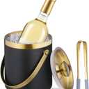Ice Bucket with Lid, Handle and Tong Black Gold Insulated Stainless Steel Champagne Bucket 2L Wine Bucket for Party Bar Cart Accessories Large Double Wall Bucket Keep Frozen