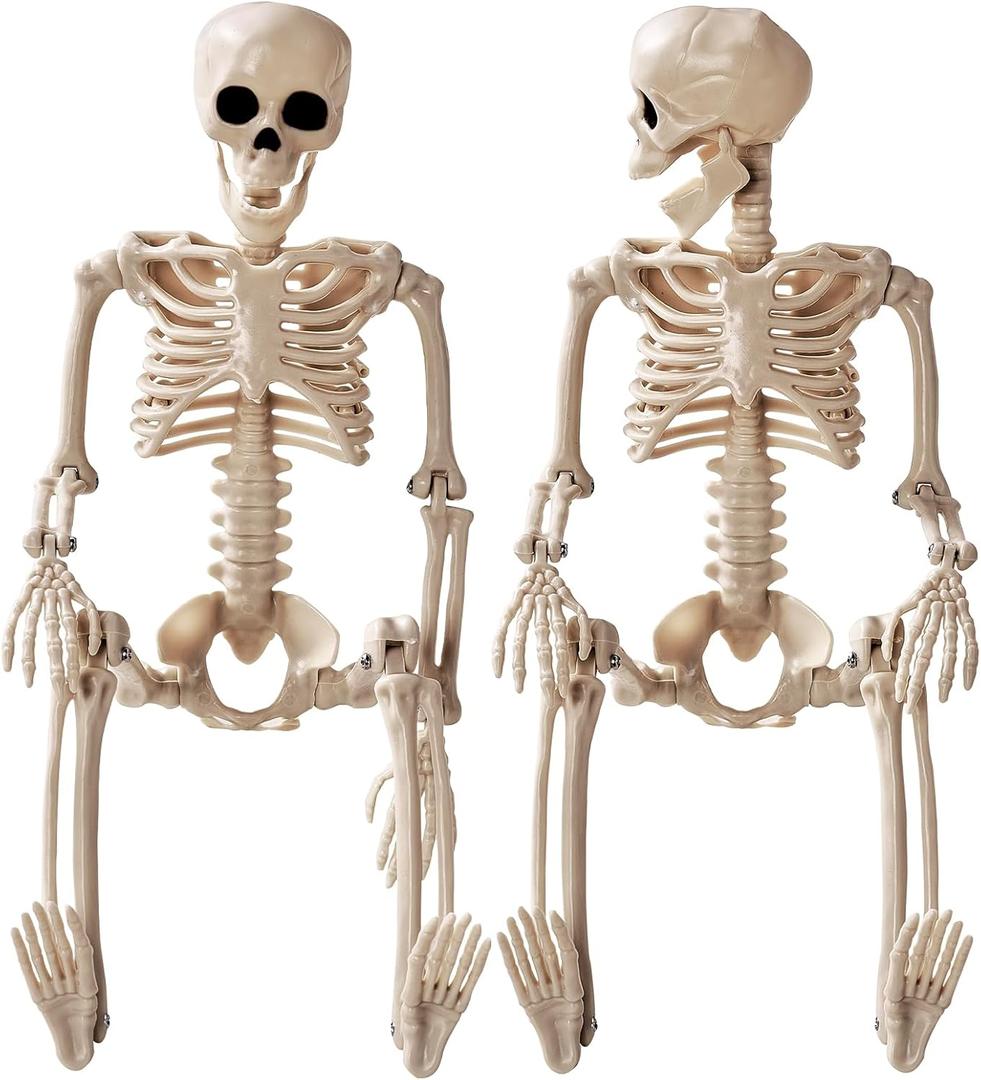 Halloween Decoration Outdoor 2 Pack Skeleton, 16" Plastic Posable Skeleton with Movable Joints, Small Hanging Skeletons for Halloween Decor, Haunted House Graveyard Props