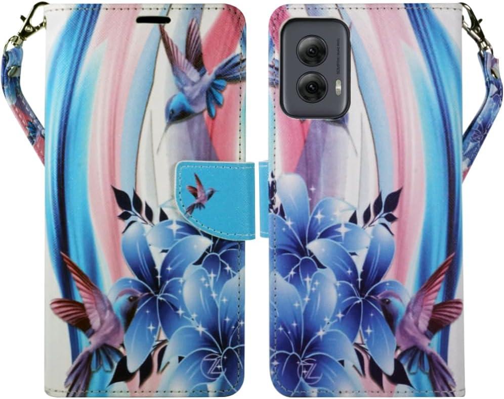 Zase Moto G Power 5G (2024) Wallet Phone Case Purse Protective Premium PU Leather Magnetic Closure w/Kickstand ID Card Slot Wrist Strap Cute Design for Motorola G Power 2024 (Blue Bird)