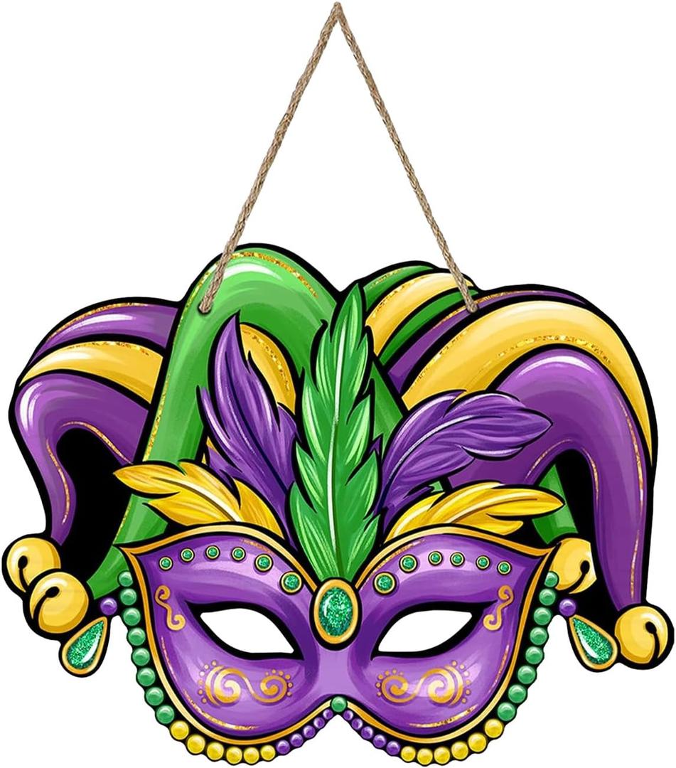 mardi gras Door Decorations, Jester Mask Front Door Sign, Jester Mask Wood mardi gras Door Hanger for Door Wall Hanging Decoration, Carnival Holiday Party Decor Supplies