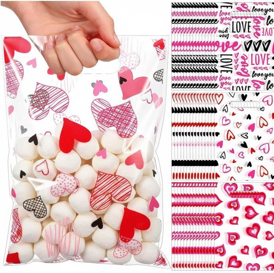 Blosssound 100 Pcs Valentines Day Gift Bags Bulk Valentines Plastic Bags Heart Candy Goodie Favor Treat Bags Valentines Day Party Decor for Valentines Day Wedding Anniversary Birthday Party Favors