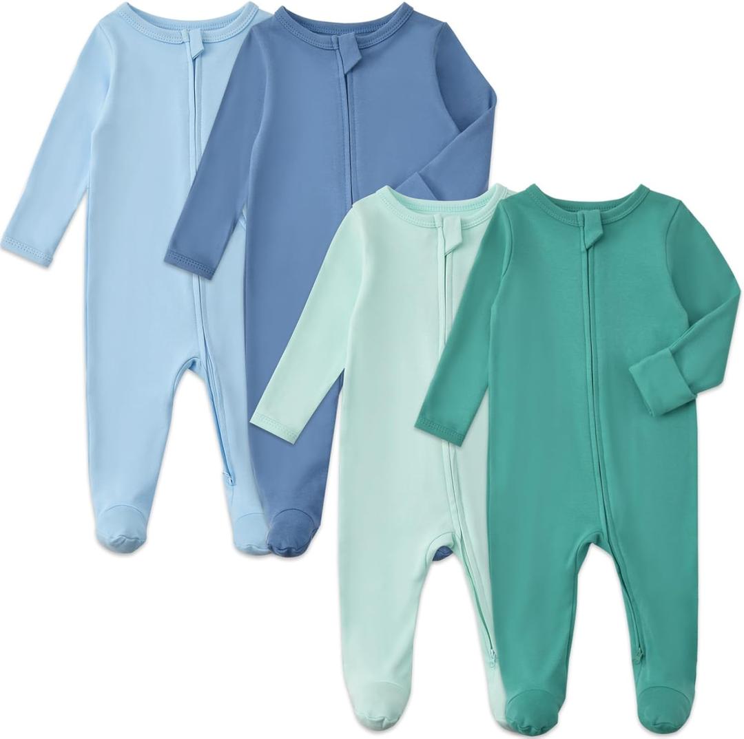 Aablexema Baby Pajamas with Mitten Cuffs Zipper 4-Pack Infant Newborn Cotton Long Sleeve Footie Outfit, Size 6-12