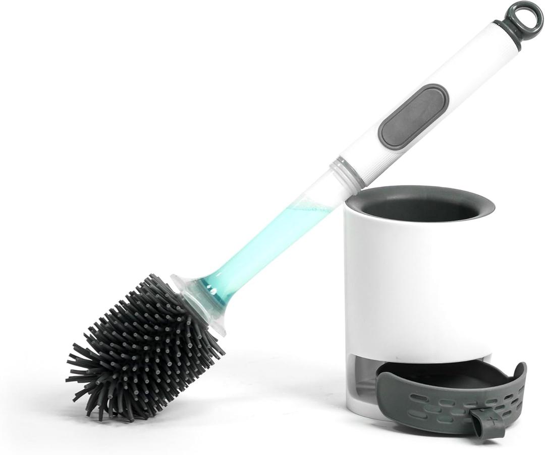 REDANT Toilet Brush and Holder Set, Silicone Toilet Bowl Brush/Cleaner Scrubber, Reusable Bathroom Cleaning Supplies with Cleaners Dispenser, Drip-Proof, Apartment/rv Essentials, Grey, 1PC