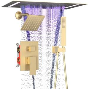 ENGA Dual Rain Shower Head System, 2 In 1 Functions Ceiling Mount 14x20inch LED Shower Head with 6 Inch Shower Head, Rainfall Waterfall Shower Faucet Set, Brushed Gold
