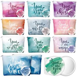 20 Pcs Employee Appreciation Gifts 10 Inspirational Canvas Makeup Bags 10 Compact Mirrors Bulk Cosmetic Bags Round Portable Pocket Mirror Thank You Gifts for Women (Inspiration)