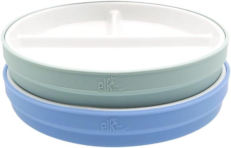Elk and Friends Kids 7.8 Porcelain White Plates with Silicone Sleeves | Divided Plates | Suitable for Kids/Toddlers | Microwave & Dishwasher Safe | Non Slip | Snack Dishes (Sage/Misty Blue)
