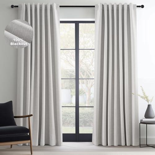 Topfinel Grey Beige Linen Blackout Curtains 84 Inch Long for Bedroom Living Room, Greige Gray Pinch Pleat Back Tab Gothic Moody Viral Drapes Mordern Boho Curtains for Window Dining Room 7 FT