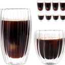 WeirdUncle Set of 8 Double Walled Glass Cups, 4 Thermo Espresso Glasses 9oz & 4 Ribbed Glassware 15oz, Fluted Dsesign, Insulated Coffee Mugs, for Iced Coffee, Latte, Cappuccino, Water, Gift