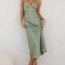 Phicia Summer Satin Spaghetti Strap V Neck Midi Dresses for Women Wedding Guest Elegant Flower Backless Cocktail Formal Dress (Green, XS)