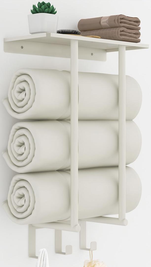 Towel Rack with Shelf and 3 Hooks, Bethom Towel Holders for Bathroom Wall Mounted, Metal White Towel Racks can Hold 3 Large Bath Sheets Blanket (Round Tube, White)