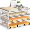 Subekyu Paper Letter Tray Organizer for Desk, White Metal Mesh Desk File Sorter Organizer with Handle and 2 Sliding Trays for Home Office School Supplies Organization
