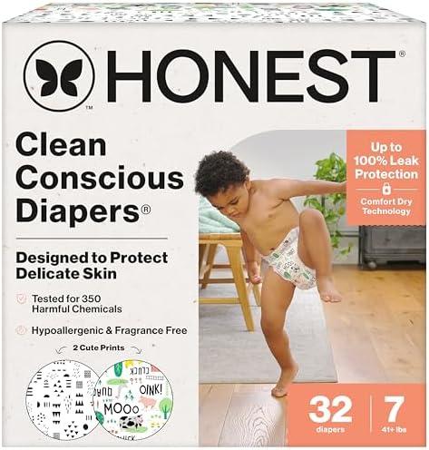 The Honest Company Clean Conscious Diapers for Delicate Skin | Up to 100% Leakproof | Hypoallergenic, Fragrance Free | Gender Neutral | Club Box, Size 7 (41+ lbs), 22 Count (Prints May Vary)