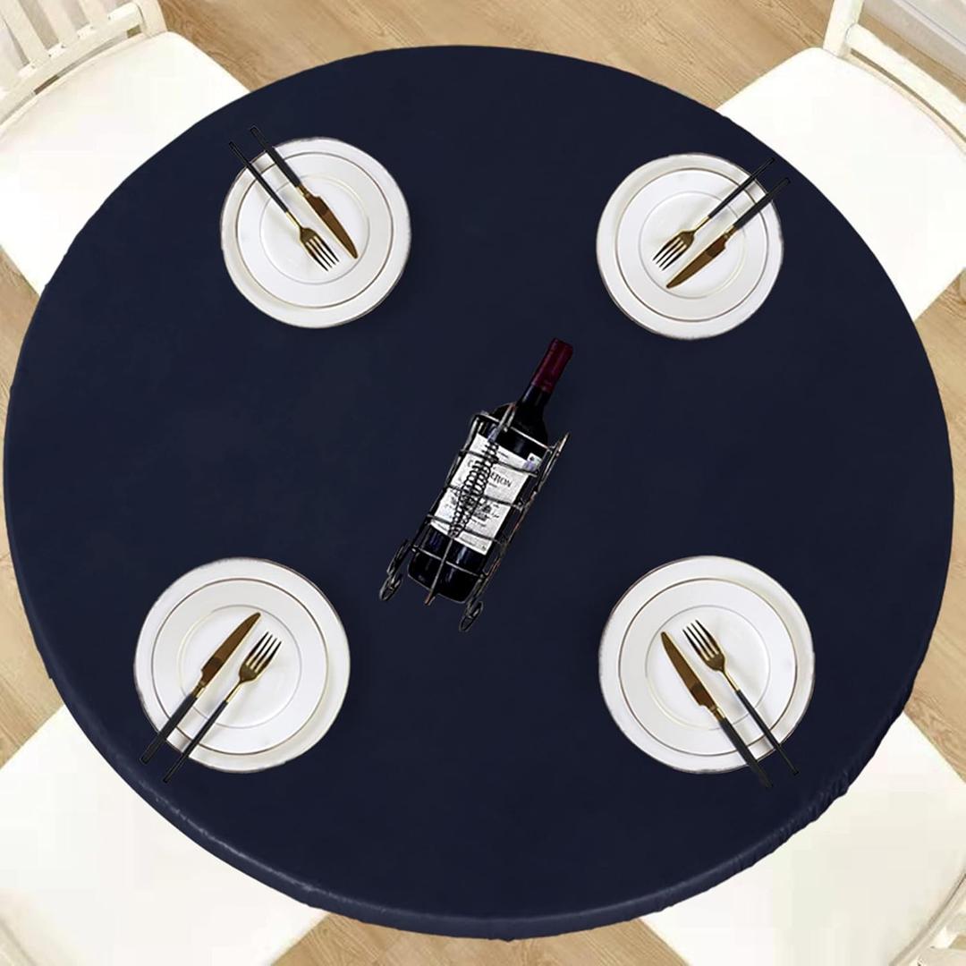 LUSHVIDA Round Waterproof Table Cover Elastic Vinyl Fitted Tablecloth Elastic Edged Plastic Table Cloth (Navy, Best for Up to 57"-68" Round)