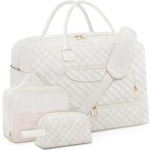 Travel Duffle Bag, Weekender Bags for Women with Shoe Compartment & Wet Toiletry Pocket , Carry on Overnight Hospital Bag for Woman Labor Delivery, Gym, Trip, Ideal Christmas Gift for Women Beige