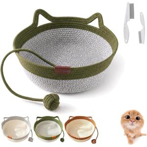 Instinct Basket for Cats, Handwoven Cotton Rope Cat Basket Bed with Toy Ball and Cat Ear Handles, Scratchable Breathable Round Woven Cat Basket for Indoor Cats (Medium,Army Green Basic)