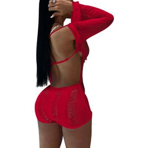 Women Sexy Off Shoulder Crochet Knitted Hollow Out Long Sleeve Romper Backless Bodycon Party Club Night Rompers (Small, Red)