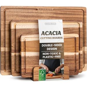 Acacia Wood Cutting Board for Kitchen, Non-Toxic Cutting Board Set of 3, Chopping Boards with Deep Juice Groove for Meat, Cheese & Vegetables - Durable & Double sided with serving Compartments
