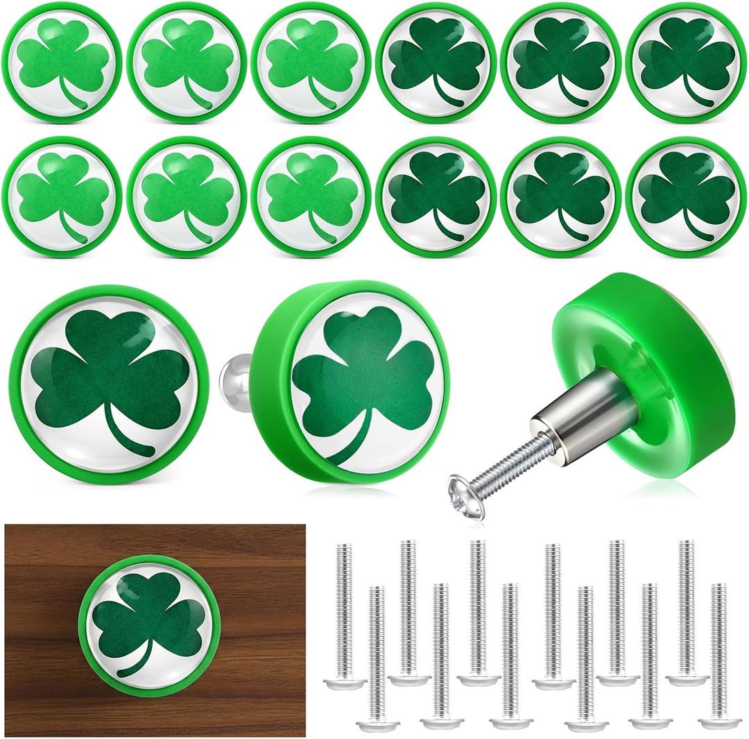 Fumete 12 Pieces St. Patricks Day Decorations Knob Covers Shamrock Clover Drawer Pulls for Cabinets Kitchen Dressing Wardrobe with Screws,Green Lucky Clover Irish Themed Knobs,1.1 Inches/ 28 mm