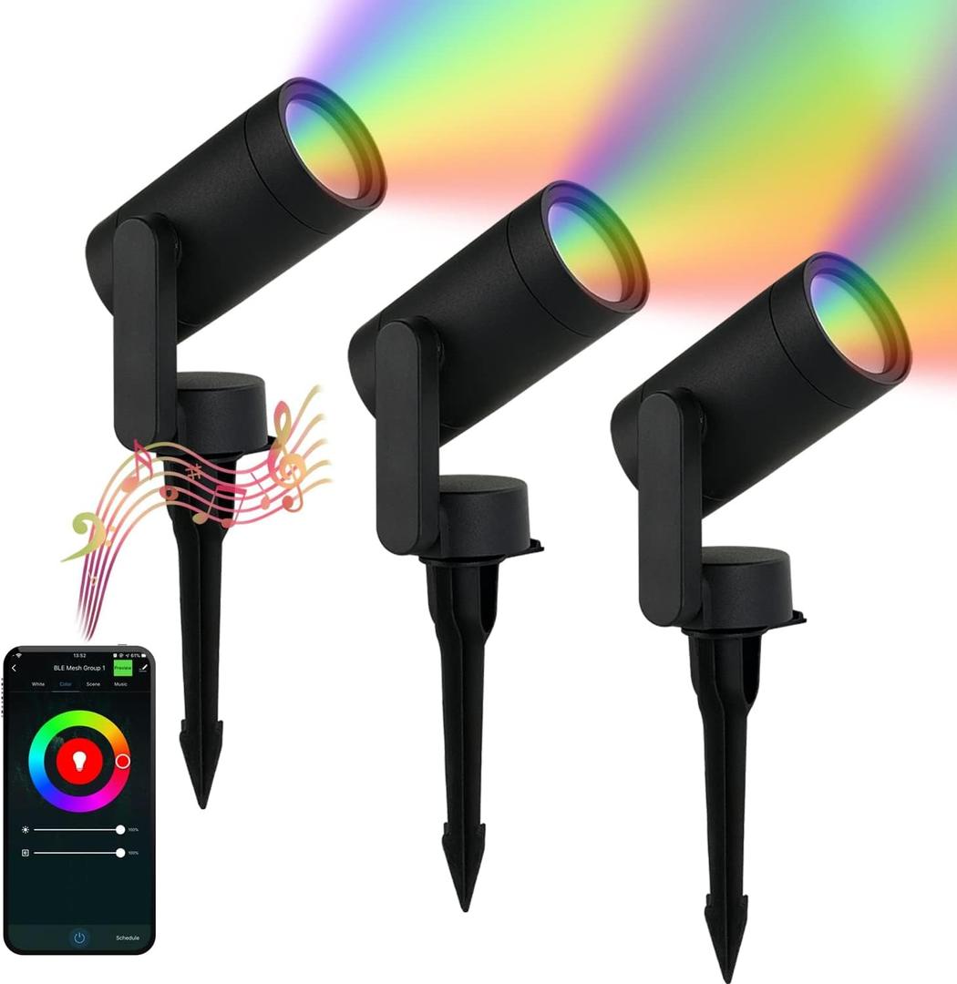 Smart Landscape Lighting, 3 Pack RGBW Color Changing LED with App Control Waterproof Spotlight, Outdoor Yard Spot Lights with 36W Transformer & Timer, LED Lawn Light with Music Sync