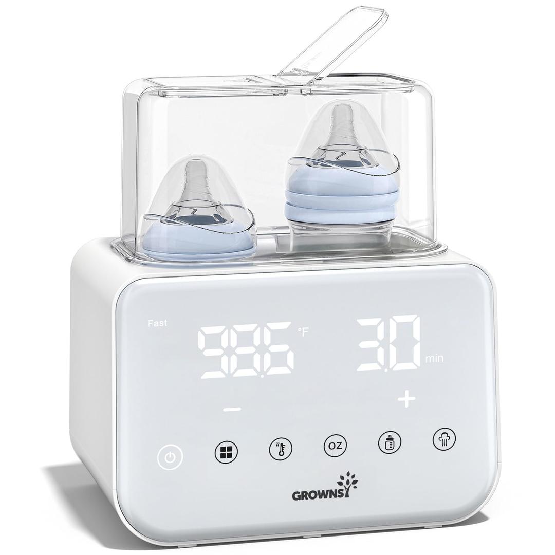 Baby Bottle Warmer, Grownsy 10-in-1 Fast Bottle Warmer Accurate Temp Control, with LCD Display, Timer, Defrost, Sterili-zing, Keep 24H, Double Bottle Warmer for Breastmilk& Formula, Heat Baby Food (Beige)