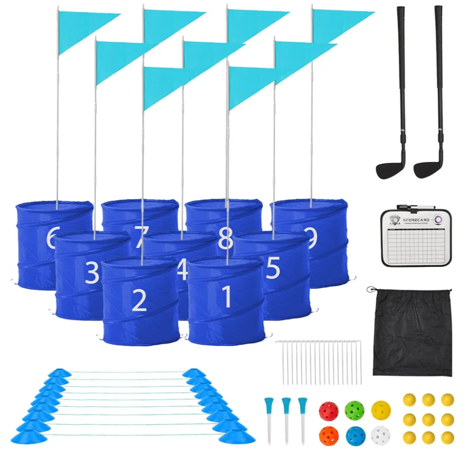Bucket Yard Golf Game with Clubs 9 Hole Set Portable Low Tide Golf Game for Beach Backyard Lawn with 2 Golf Outdoor Indoor Golf Chipping Games for Adults Family Club Party (Blue, 9 Bucket)