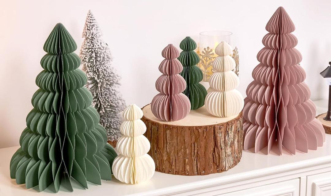 Paper Christmas Tree, Honeycomb Trees Table Centerpiece with  Dusty Pink Christmas Tree Decor for Mantel Xmas Tabletop Centerpiece
