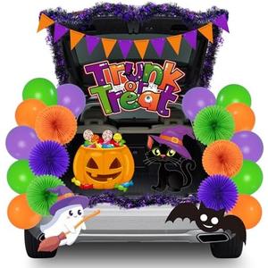 Halloween Trunk or Treat Car Decorations Kit for SUV with Halloween Balloons, Banner, Tinsel Garland, Cat Ghost Pumpkin Sticker for Archway Entryway Haunted House Garage Door Decor Party Supply