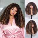 Shaggy Curly Wig with Bangs Highlight Brown Blonde Wigs 20 Inch Natural Looking Human Hair Blend for Everyday Wear