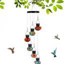 Solar Powered Wind Chimes Hummingbird Feeder with LED Light, Charming Hand-Blown Glass Bird Feeders for Outdoor, Leak-Proof, Ant & Bee Resistant, Perfect for Garden Decor (Ball, Multicolor)