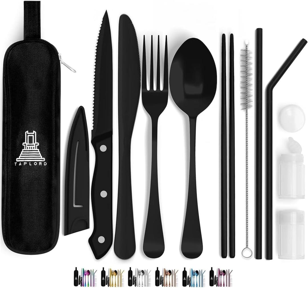 Portable Travel Silverware Set With Case, Includes 10 Pcs of Travel Utensils With Case, Stainless Steel Flatware Set For Camping, Lightweight (Black)