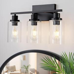 3 Light Bathroom Light Fixtures Black Vanity Light Over Mirror Modern Farmhouse Wall Lighting Sconces Rustic Industrial Wall Lamp for Bathroom, Bedroom, Living Room E26 Socket with Glass Shade