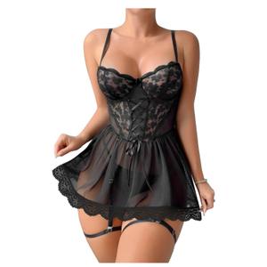Lilosy Sexy Garter Belt Mesh Lace Babydoll Lingerie Dress Set with Thong 3XL