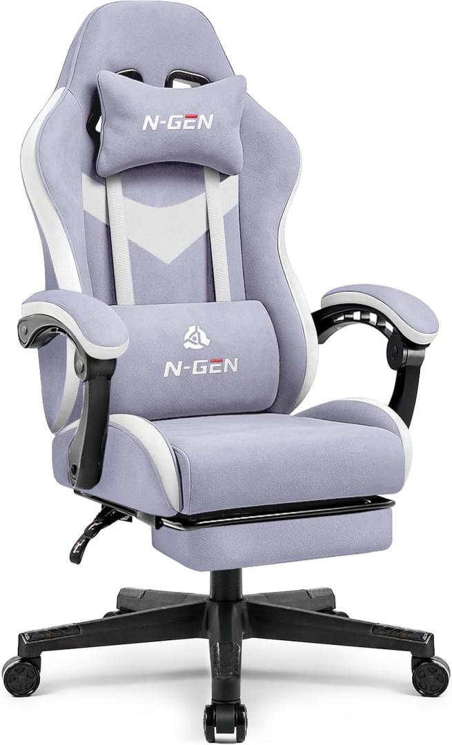 N-GEN GAMING Video Gaming Chair with Footrest Lumbar Support for Home Office High Back Recliner Height Adjustable Ergonomic Comfy Fabric Computer Desk Chair (Purple)