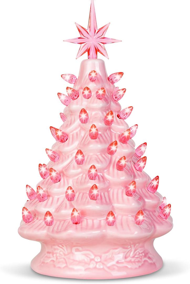 Joiedomi 12" Pink Ceramic Christmas Tree, Prelit Tabletop Christmas Tree Decoration with Extra Pink Top Star & Bulbs with LED Lights for Best Desk Decoration Xmas Tabletop Decor Indoor Home