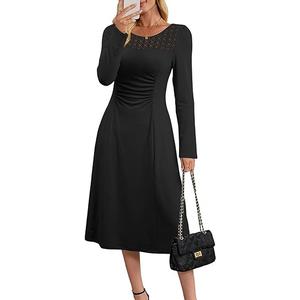 Dokotoo Women's Casual Long Sleeve Dresses Fashion Fall Lace Crewneck Elegant Solid Formal Midi Dress, Small