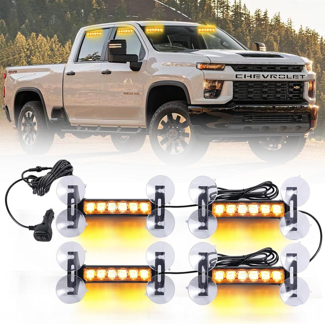 4X 6.1 inch Emergency Strobe Lights Amber 24 LED Waterproof Hazard Warning Flashing Safety Dash Front/Rear/Side Windshield Lights for Construction Vehicles Tow/Plow Work Trucks