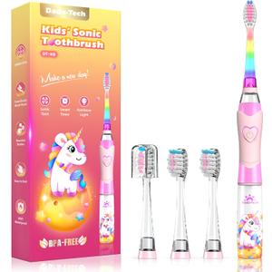 Kids Electric Toothbrush Toddler Toothbrush Age 2-4-8-12 Electric Toothbrush Kids with Timer Rainbow LED Light Up Vibrating Toothbrush Battery Operated Childrens Girls Sonic Tooth Brush (Pink Unicorn)