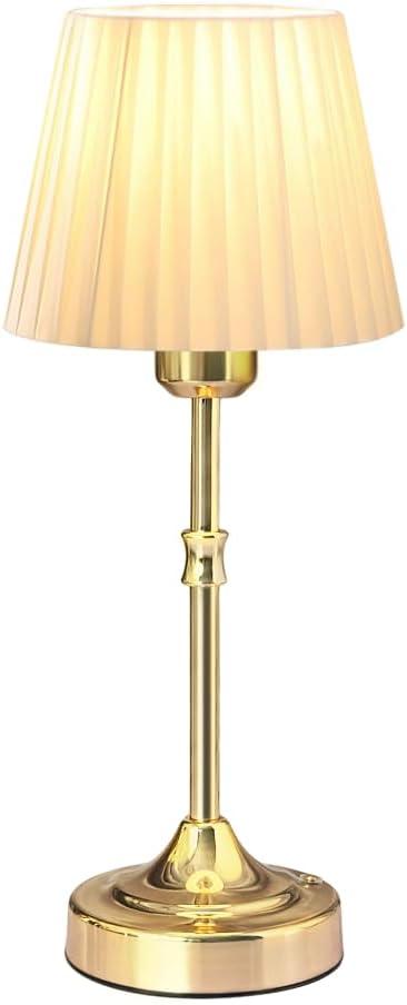 Cordless LED Metal Table Lamp, Portable Fabric Shade Desk lamp, 3-Level Brightness, Touch Sensor Control, Rechargeable Bedside/Nursery/Dining Room lamp (Gold)
