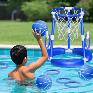 SpringFlower Pool Basketball Hoop, Summer Swimming Pool Floating Basketball Pool Toy, 2 in 1 Kids & Adults Summer Pool Outdoor Play with Ring Toss, 2 Pcs Balls,Pump, Blue, Without Backboard