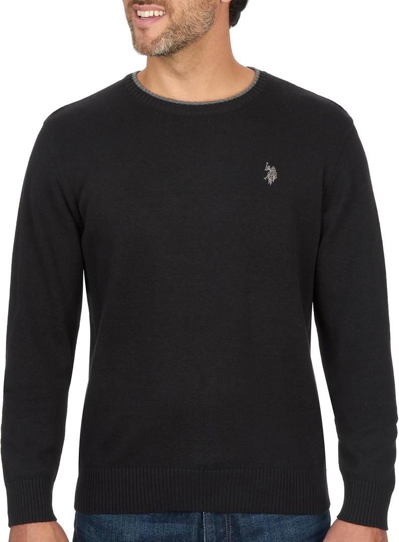 U.S. Polo Solid Jersey Crew Neck Sweater Pullover for Men (Large, Black)
