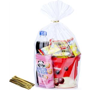 50Pcs 12X16 inch Bottom Gusset Bags Clear Cellophane Gift Wrap Wrapping Plastic Large Cello Bags for Party Favors Treats Mug with 5" Twist Ties