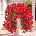 Sggvecsy Artificial Fake Hanging Flowers Plants for Outdoor Outside Spring Summer Decoration 4PCS Faux Silk UV Resistant Realistic Morning Glory Trailing Vines for Home Porch Patio Balcony(Red)