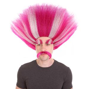 HPO King Troll Wig with Eyebrows and Mustache | Pink with White Stripes Wigs for Teen Sizes | Halloween Troll Cosplay and Themed Party Wig (Silver/Pink Kids)