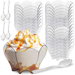 Flower Shape Mini Bowl - 2.7 Ounce - 50 Count - Clear Plastic Hexagonal Petal Shaped Dessert Cup - Appetizer Serving Bowl - Disposable or Reusable - Spoons Included