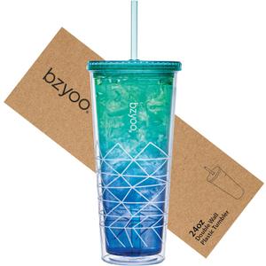 bzyoo SIP 24oz (710ml) Double Wall Plastic Tumbler with Lid and Straw Cold Drink Travel Mug Party Reusable Cup For Office Outdoor Dining Gift For Him & Her (Blue & Green)